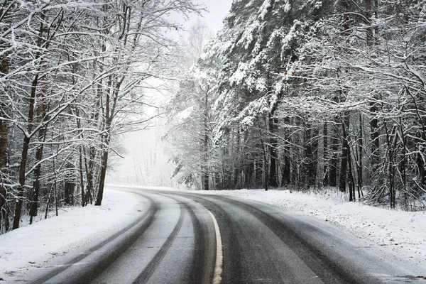 Асфальтована дорога в лісі, вкритому снігом — стокове фото