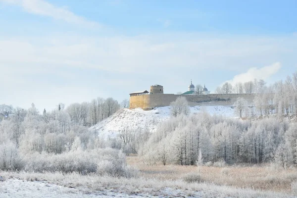 Ancient Izborsk fortress surrounded by snowy forest — Stock Photo, Image