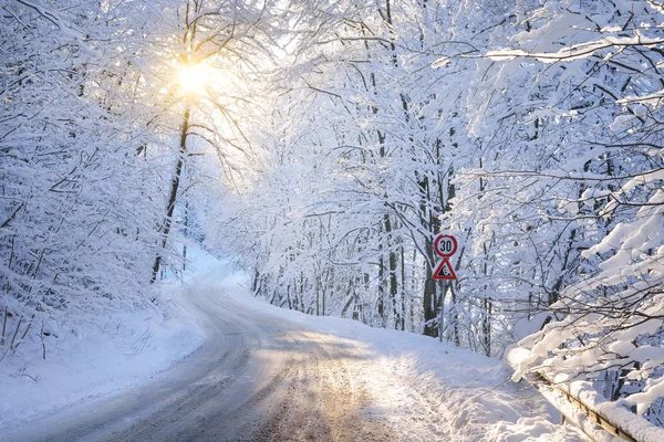 Panneau sur une route forestière enneigée en hiver — Photo
