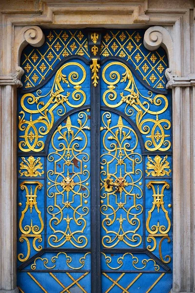 Beautiful Blue Door Golden Elements Patterns Wroclaw Poland — Stock Photo, Image