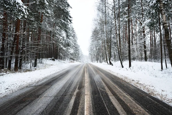 Strada asfaltata in un bosco coperto di neve — Foto Stock
