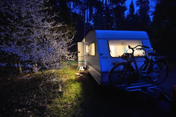 Caravan trailer on a forest road