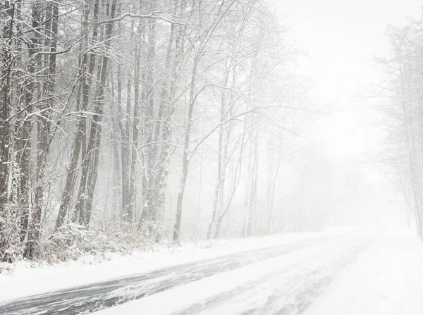 Śnieżna zima droga podczas blizzard — Zdjęcie stockowe