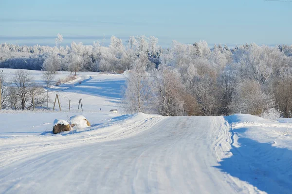 Snowcovered landelijke weg in de winter — Stockfoto