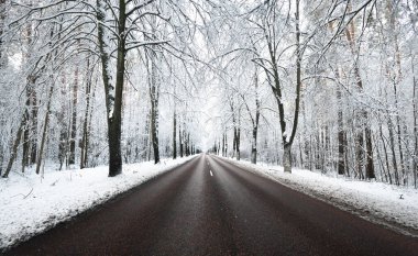 Kar sokak ağaçları ve yolun kapalı