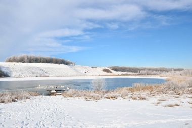 karlı çayır ve orman tarafından çevrili Gölü 