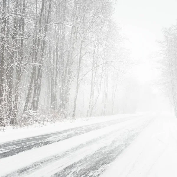 Śnieżna zima droga podczas blizzard — Zdjęcie stockowe