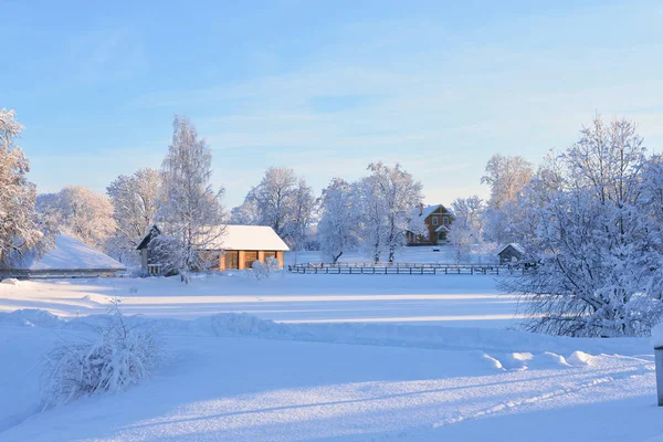 Cottage rurali in una giornata invernale innevata — Foto Stock