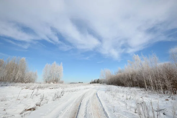 Road through snowcovered Russian countryside in winter — Stock Photo, Image