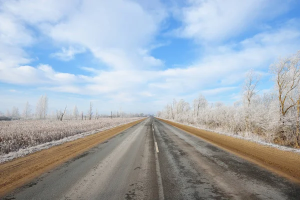 冬のロシアの田舎を走るハイウェイ — ストック写真