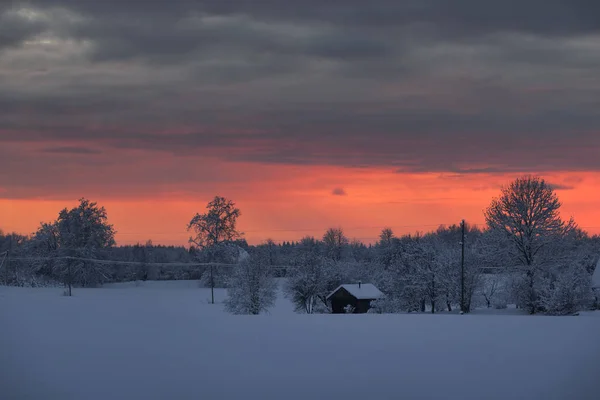 Pôr do sol sobre o inverno coberto de neve campo com uma casa de campo — Fotografia de Stock