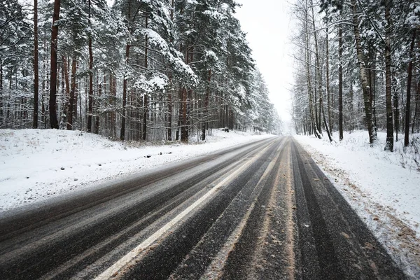 Aszfalt road, hóval borított erdő — Stock Fotó