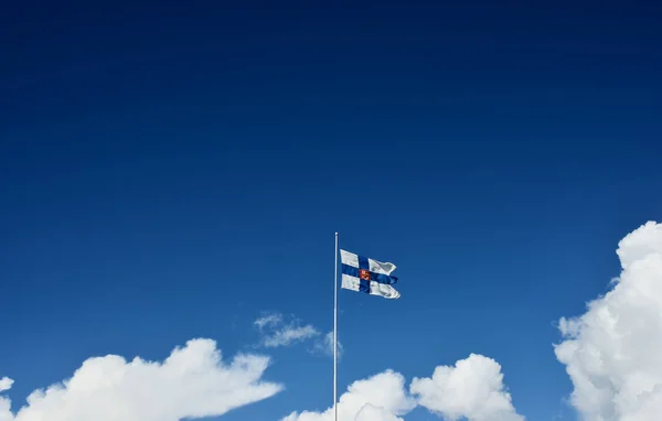 Finland state flag with national coat of arms — Stock Photo, Image