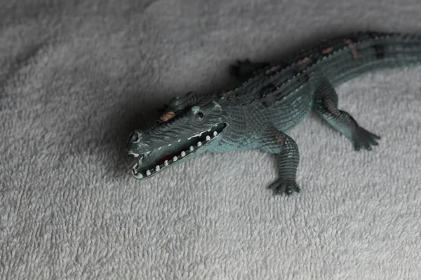 Brinquedo Crocodilo Jacaré Azul Escuro Pálido Pano Branco — Fotografia de Stock