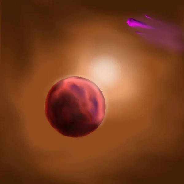 Zelf Gemaakt Digitaal Schilderij Van Rode Planeet Roze Kometen Oranje — Stockfoto