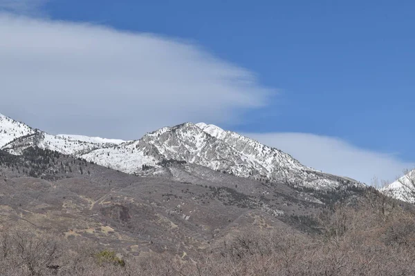 Kahverengi tepeli karlı dağ ve kabarık beyaz bulutlu mavi gökyüzü.. 