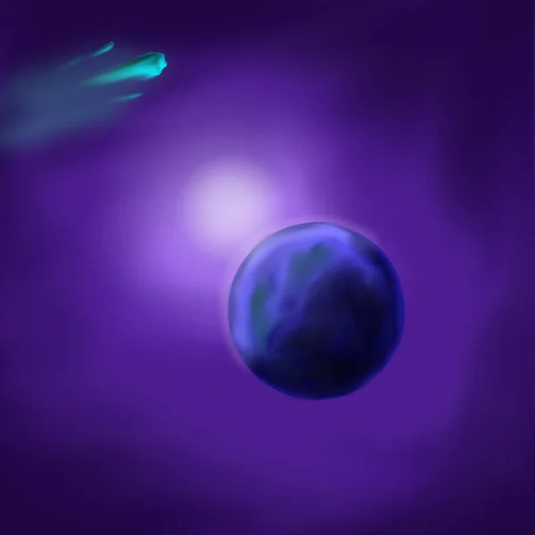 Schilderen Illustratie Van Blauwe Planeet Groene Asteroïden Witte Zon Paarse — Stockfoto