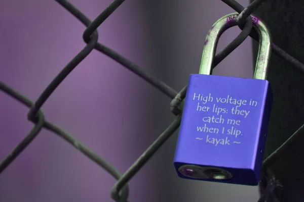 Şirin cümleli zincir çitin mavi kilidi.