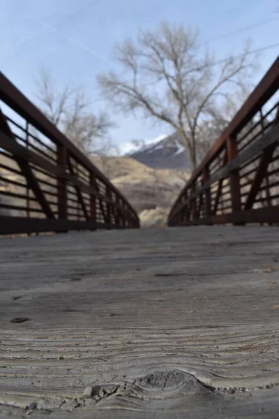 Cierre Del Puente Madera Con Rieles Metálicos Oxidados Árboles Montañas —  Fotos de Stock
