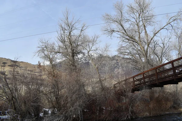 Karanlık su nehri üzerindeki kırmızı metal köprü çıplak kış ağaçları ve arka planda mavi gökyüzü olan sarı tepelerle çevrili.. 
