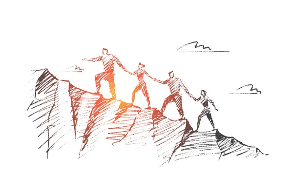 Vektör el çekilmiş ekip çalışması kavramı kroki.