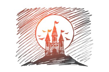 Tepe üzerinde çizilmiş Cadılar Bayramı Drakula Şatosu el