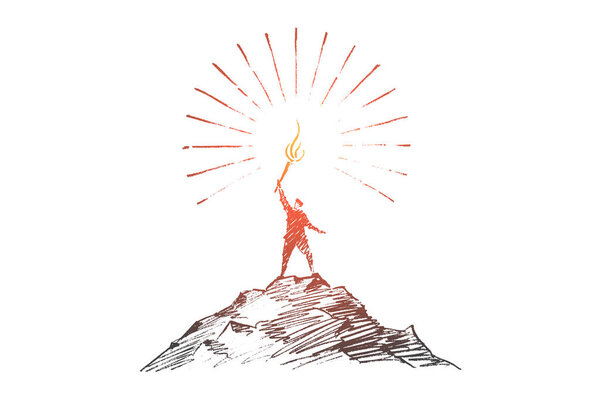 Ручной нарисованный человек на вершине холма с сияющим факелом
