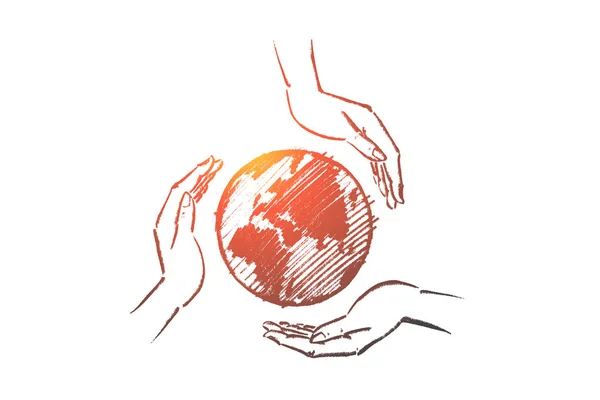 Hand gezeichnet Globus zwischen drei fürsorglichen menschlichen Händen — Stockvektor