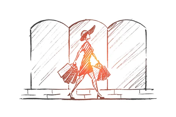 Mujer elegante dibujado a mano con bolsas de compras — Vector de stock