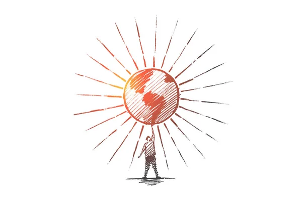 Hand drawn man holding shining globe. — Stock Vector