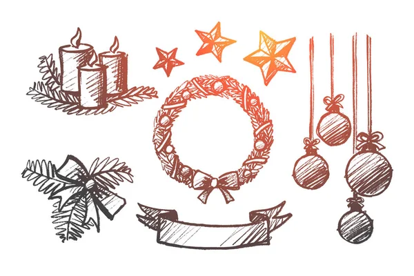 Conjunto dibujado a mano de elementos de decoración de Navidad — Archivo Imágenes Vectoriales