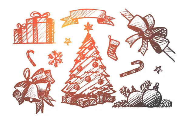 Ensemble dessiné à la main d'éléments de décoration de Noël — Image vectorielle