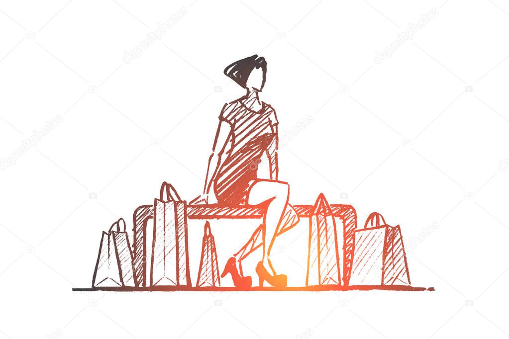 Hand drawn stylish lady sitting with shopping bags