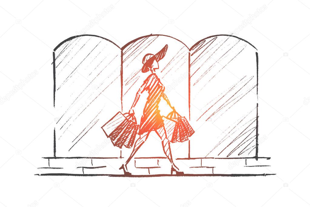 Hand drawn stylish woman with shopping bags