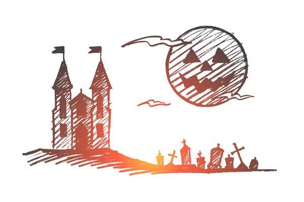 手描きハロウィン城, 墓地, 満月 — ストックベクタ