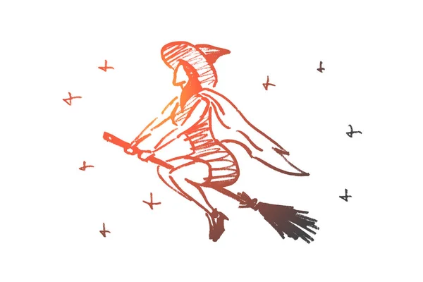 Hand gezeichnete Halloween-Magie Frau fliegt auf Besen — Stockvektor