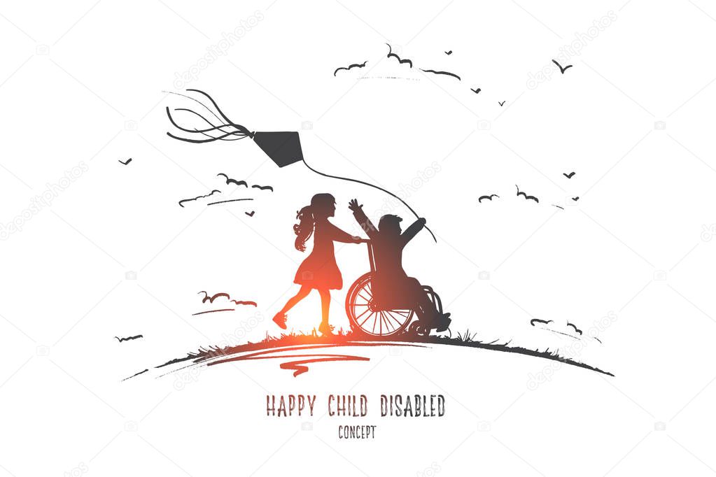 Happy child disabled concept. Hand drawn isolated vector.