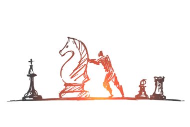 Hand drawn man moving huge chess figure clipart