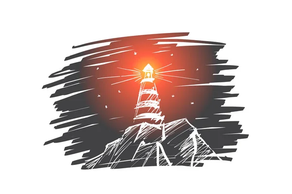 Iluminação de farol desenhada à mão à noite —  Vetores de Stock