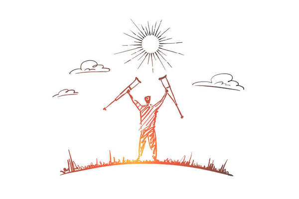 Рука нарисована счастливый исцеленный человек с костылями в руках
