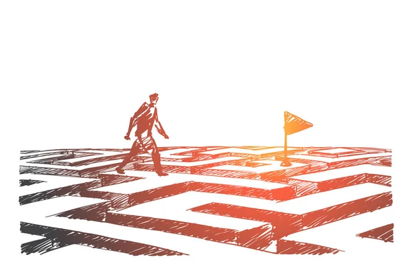Homem desenhado à mão andando no labirinto para bandeira de navegação — Vetor de Stock
