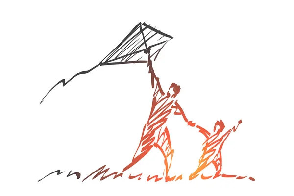 Dibujado a mano papá e hijo volando cometa — Vector de stock