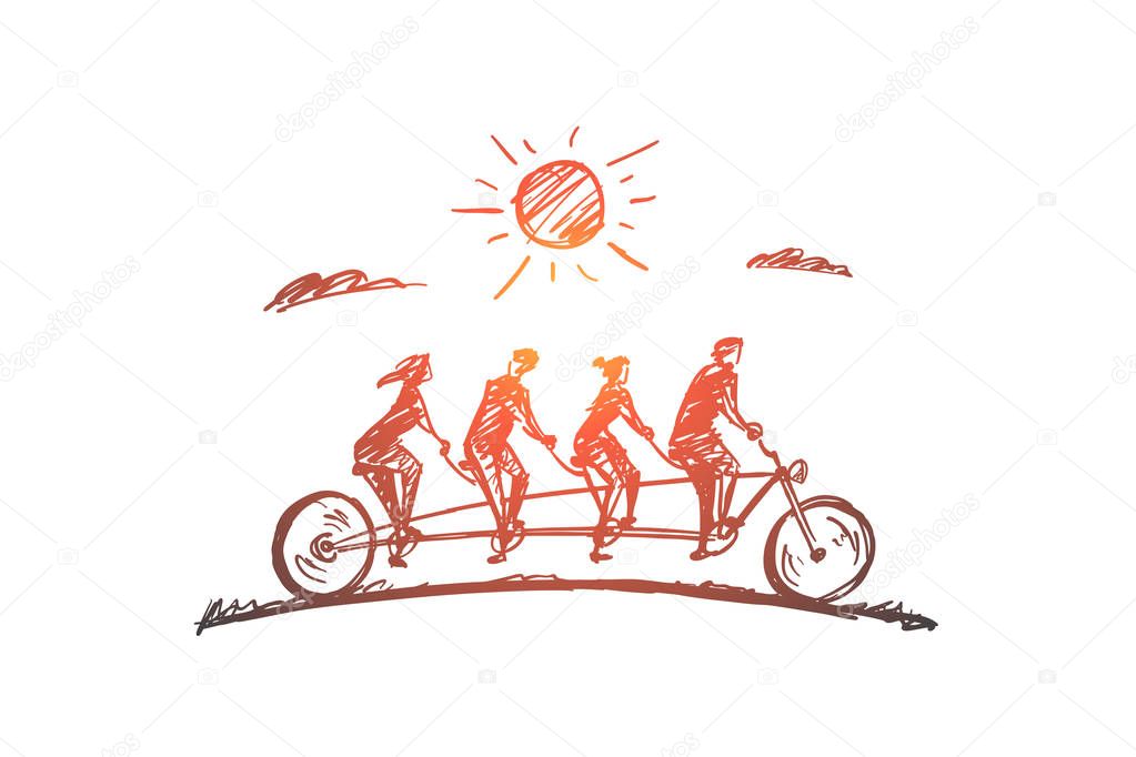 Hand drawn family of four members riding bicycle