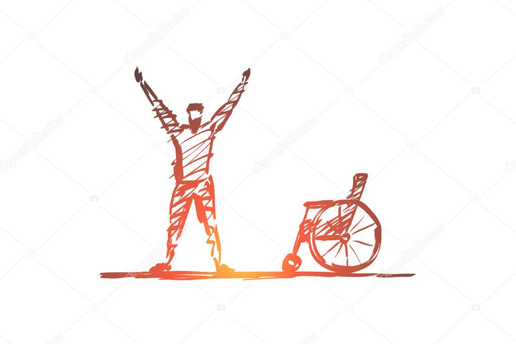 Hand drawn happy healed man near wheelchair