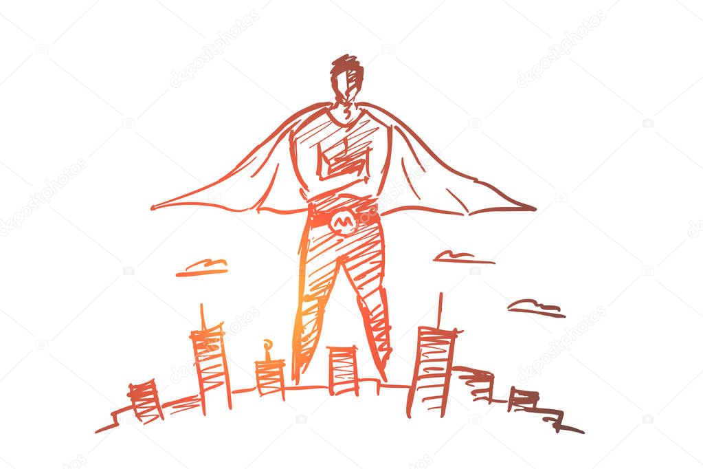 Hand drawn hero man over big city