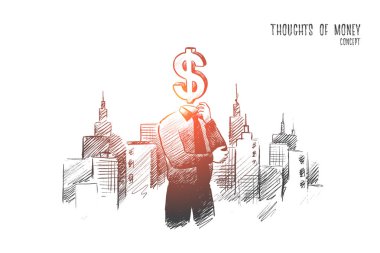 Para kavramı düşünceleri. Elle çizilmiş izole vektör.