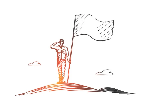 手画爱国者士兵站在旗帜 — 图库矢量图片