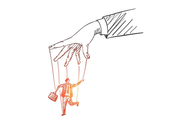 Braccio umano disegnato a mano che gioca con l'uomo come burattino — Vettoriale Stock