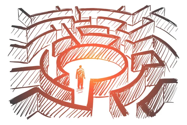 Homem desenhado à mão em pé no centro do labirinto — Vetor de Stock