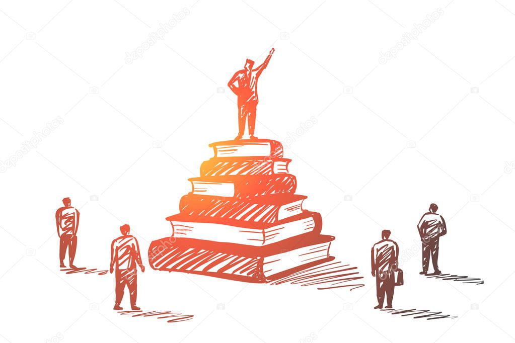 Hand drawn leader standing on books heap tribune